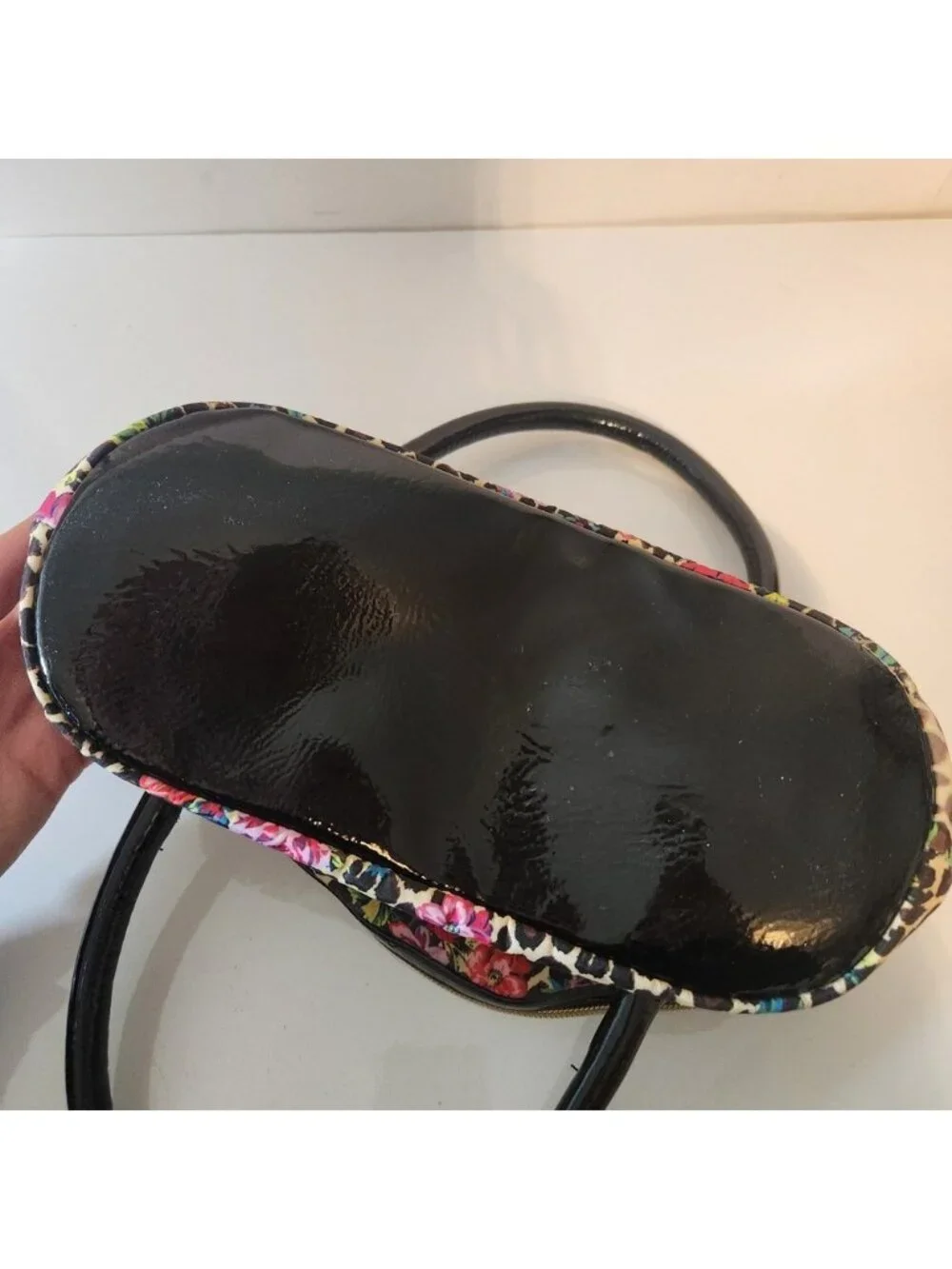 Betsey Johnson Leopard Floral Rose Dome Satchel Handbag Black Patent Trim